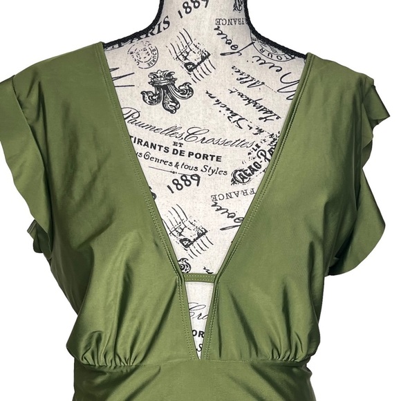 Olive Green One Piece Swim Suit Size 3X Plunging V-Neck Open Back Flutter Sleeve - Picture 13 of 16